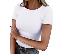 Haut de couche de base pour femme - Chemise unie à manches courtes et col côtelé - T-shirt d'été fin basique - Vêtements d'automne pour la vie quotidienne - Cadeaux de Noël, blanc, S