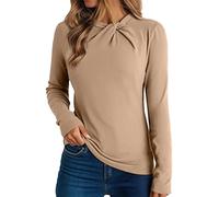 Haut de couche de base uni pour femme - T-shirt à manches longues - Chemises thermiques avec nœud - Col montant - Coupe ajustée - Vêtements d'automne pour la vie quotidienne - Cadeaux de Noël, beige