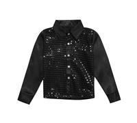 Haut de Danse à Paillettes Scintillantes pour Enfants, Chemise boutonnée à Manches Longues pour garçons, Costume de Spectacle de Danse Jazz Gilet Garçons Long Noir