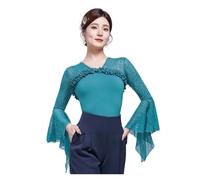 Haut de danse salon Haut de danse moderne à manches longues, Rose rouge, Lotus noir haute qualité, dentelle salle bal, une pièce, col en v pour femmes(Copper green,M)