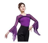 Haut de danse salon Haut de danse moderne à manches longues, Rose rouge, Lotus noir haute qualité, dentelle salle bal, une pièce, col en v pour femmes(LIGHT Purple,M)