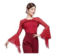 Haut de danse salon Haut de danse moderne à manches longues, Rose rouge, Lotus noir haute qualité, dentelle salle bal, une pièce, col en v pour femmes(Rose red,S)