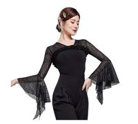 Haut de danse salon Haut de danse moderne à manches longues, Rose rouge, Lotus noir haute qualité, dentelle salle bal, une pièce, col en v pour femmes(Black,S)