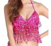 Haut de Danseuse du Ventre Vêtements de Danse avec Pompon et Paillettes, Soutien-Gorge du Ventre, Costumes Spectacle, Haut Performance, Licou(Rose Red)