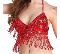 Haut de Danseuse du Ventre Vêtements de Danse avec Pompon et Paillettes, Soutien-Gorge du Ventre, Costumes Spectacle, Haut Performance, Licou(Red)