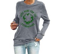 Haut de la Saint-Patrick à col rond pour femme - Motif trèfle porte-bonheur - Manches longues - Pull ample et confortable pour le travail et le bureau, gris, 3XL