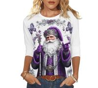 Haut de Noël fantaisie pour femme - Manches 3/4 - Col rond - Père Noël - Arbre de Noël - Flocon de neige - Chemisier décontracté - Tunique de Noël - Haut de Noël, D blanc., M