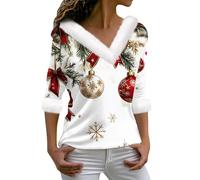 Haut de Noel Femme Neige Pourpre Manche Longue Mère Haut de Noël Soirée Chemise Blanche Chic Nuit Ronde Pere Col V Pull de Noël Tenue Mere Noel Femme Sexy Pourpre L