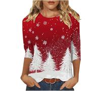 Haut De Noël pour Femme T-Shirt Rouge Et Vert Sapin Brillant Doré Soirée Fête Matière Extensible Jersey Qualité Réception Élégante Vœux Bonheur Lavage Machine Facile Tee Shirt Noel Top Motifs Joyeux