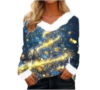 Haut de Noël tendance pour femme avec col en V en fausse fourrure - Imprimé sapin de Noël - Chemisier fantaisie à paillettes - T-shirt de fête de Noël - Pull en peluche à manches longues, 023 Bleu, L