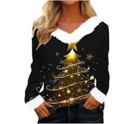 Haut de Noël tendance pour femme avec col en V en fausse fourrure - Imprimé sapin de Noël - Chemisier fantaisie à paillettes - T-shirt de fête de Noël - Pull en peluche à manches longues, 002 Noir, L