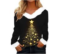 Haut de Noël Tendance pour Femme - Col en V en Fausse Fourrure - Imprimé Sapin - Chemisier Fantaisie à Paillettes - T-shirt de Fête - Pull en Peluche à Manches Longues, 015 Noir, XL