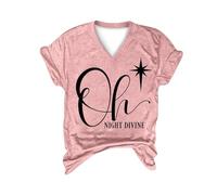 Haut de Noël tendance pour femme Oh Night Divine Imprimé lettres Col en V Manches courtes Tunique pour la vie quotidienne Cadeaux de Noël, rose, M