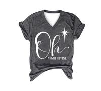 Haut de Noël tendance pour femme Oh Night Divine Imprimé lettres Col en V Manches courtes Tunique pour la vie quotidienne Cadeaux de Noël, gris, S
