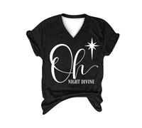 Haut de Noël tendance pour femme Oh Night Divine Imprimé lettres Col en V Manches courtes Tunique pour la vie quotidienne Cadeaux de Noël, Noir , XL