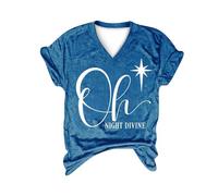 Haut de Noël tendance pour femme Oh Night Divine Imprimé lettres Col en V Manches courtes Tunique pour la vie quotidienne Cadeaux de Noël, bleu, M