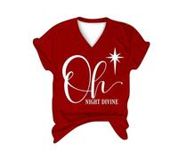 Haut de Noël tendance pour femme Oh Night Divine Imprimé lettres Col en V Manches courtes Tunique pour la vie quotidienne Cadeaux de Noël, Rouge, S