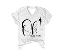 Haut de Noël tendance pour femme Oh Night Divine Imprimé lettres Col en V Manches courtes Tunique pour la vie quotidienne Cadeaux de Noël, blanc, S