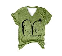 Haut de Noël tendance pour femme Oh Night Divine Imprimé lettres Col en V Manches courtes Tunique pour la vie quotidienne Cadeaux de Noël, Vert, L