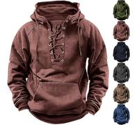 Haut de pirate pour homme - Sweat à capuche rétro à lacets - Costume de capitaine médiéval - Chemise nordique de la Renaissance - Coupe ajustée - Vêtements viking à manches longues - Pull tactique