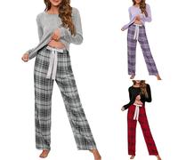 Haut de pyjama à carreaux pour femme - Léger - Tenue décontractée pour l'automne - Jambe large - Confortable - Haut uni à col rond avec cordon de serrage - Tenue d'intérieur douce, Noir , S