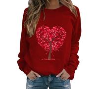 Haut de Saint-Valentin 2026 pour femme - Col rond tendance - Imprimé arbre d'amour - Haut à manches longues - Cadeau, bordeaux, XL