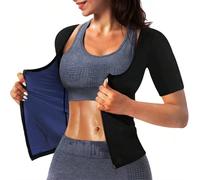 Haut de sauna à manches courtes et fermeture éclair pour femmes - Haut de compression pour transpiration intense pour le yoga, la course et la salle de gym - Accessoires de gym à activation thermique 