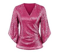 Haut de soirée pour femme - Col en V uni - Brillant - Confortable - Pour les vacances, les boîtes de nuit - Anniversaire - Chemise extensible décontractée et ample - Col en V - Chemise d'automne, rose
