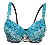 Haut de Soutien-Gorge à Paillettes Bleues, Tenue de Danseuse du Ventre en Strass avec écailles pour Femmes, Haut génie Chatoyant pour Le Carnaval Rave Cabaret