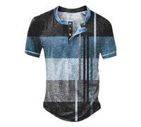 Haut décontracté à col rond pour homme - Rayé - Carreaux - Imprimé rétro occidental - Bouton - T-shirt pour homme - Haut ventre nu, bleu, M