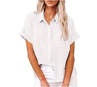 Haut décontracté à manches courtes pour femme - Chemise d'été tendance en coton et lin - Grande taille - T-shirt uni pour le bureau - Chemisier de travail décontracté avec poche, A001 Blanc, 34