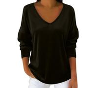 Haut décontracté à manches longues en velours pour femme - Col en V - Doux - Texture veloutée - Chemisier basique de couleur unie - Automne Hiver Printemps - Usage quotidien, marron, M