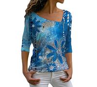 Haut décontracté à manches longues et col en V pour femme, bleu, XXL