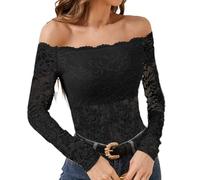 Haut Dentelle Femme, Chic et Elegant Chemisier en Dentelle Florale Transparente Chemise Sexy en Maille Haut Manches Longues Automne et Hiver Noir, L