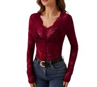 Haut Dentelle Femme, Chic et Elegant Chemisier en Dentelle Florale Transparente Chemise Sexy en Maille Haut Manches Longues Automne et Hiver, L, Rouge
