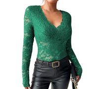 Haut Dentelle Femme, Chic et Elegant Chemisier en Dentelle Florale Transparente Chemise Sexy en Maille Haut Manches Longues Automne et Hiver, L, Vert armée