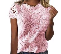 Haut Dentelle Femme Col Rond, Tee Shirt Ete Crochet Double ÉPaisseur Ample Couleur Unie Top DéContracté Confortable Tendance ÉTé ÉLéGants Chemise Slim Banquet Blouse Chic Tunique