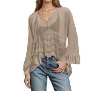 Haut Dentelle Femme Col V à Motif Fleur Bohème Tee Shirt Manche Longue Femme Ete Anti UV de Plage Casual Haut Maille Transparent Sexy Couverture Manche Chauve-Souris Top Chic et Elegant Grande Taille