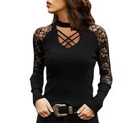 Haut Dentelle Femme Col V Ajouré, T Shirt à Manches Longues Femme Grande Taille,Tunique Chic Et Elegant Slim Fit ÉPaules DéNudéEs Y2K Top DéContracté Moulant pour FêTe SoiréE Party Clubwear