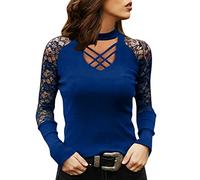 Haut Dentelle Femme Col V Ajouré, T Shirt à Manches Longues Grande Taille-Tunique Chic Et Elegant Slim Fit ÉPaules DéNudéEs Y2K Top Classique Moulant pour FêTe SoiréE Party Clubwear