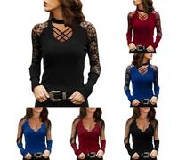 Haut Dentelle Femme Col V Ajouré, Tunique Chic Et Elegant Slim Fit ÉPaules DéNudéEs Y2K Top, T Shirt à Manches Longues Femmes Grande Taille, DéContracté Moulant pour FêTe SoiréE Party Clubwear