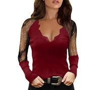 Haut Dentelle Femme Col V Ajouré, Tunique Chic Et Elegant Slim Fit ÉPaules DéNudéEs Y2K Top, T Shirt à Manches Longues Femmes Grande Taille, DéContracté Moulant pour FêTe SoiréE Party Clubwear