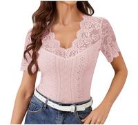 Haut Dentelle Femme Coutures en Dentelle Blouse Couleur Unie Col en V Chemisier Été Dentelle Manches Courtes T-Shirt Mode Coupe Slim Évider Tunique Chic et Élégan Blouse