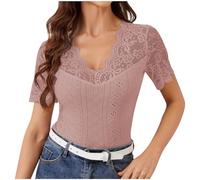 Haut Dentelle Femme Coutures en Dentelle Blouse Couleur Unie Col en V Chemisier Été Dentelle Manches Courtes T-Shirt Mode Coupe Slim Évider Tunique Chic et Élégan Blouse