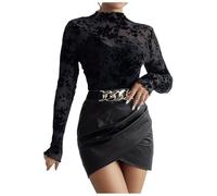 Haut Dentelle Femme Manche Longue, Top Sexy Col Montant-Tunique Grande Taille Transparent Tee Shirt Moulant Slim Fit Chic Et ÉLéGant Casual Classique Pullover Mode Streetwear Quotidien