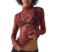 Haut Dentelle Femme Manches Longues- Haut Sexy avec Superposition en Maille Florale Brodé Top Chic Et Élégants Transparente Manchon De Doigt Slim Respirante Pullover Tous Les Jours T-Shirt