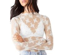 Haut Dentelle Femme Manches Longues- Haut Sexy avec Superposition en Maille Florale Brodé Top Chic Et Élégants Transparente Manchon De Doigt Slim Respirante Pullover Tous Les Jours T-Shirt