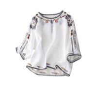 Haut d'été à manches 3/4 en lin pour femme - Col rond - Broderie florale - Style bohème ethnique paysan - Chemisier tendance, blanc, L