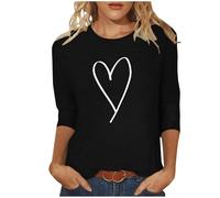 Haut d'été à manches 3/4 pour femme - T-shirt de Saint-Valentin à col rond - T-shirt ample ample pour sortir, bureau, plage, G Black., M