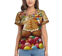 Haut d'été à manches courtes en polyester pour femme Motif bonhomme en pain d'épice, Noir, L